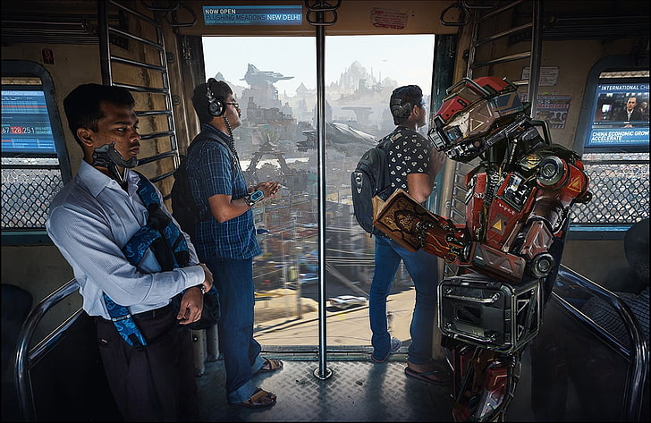 man standing near door, futuristic, cyborg, futuristic city, digital art, HD wallpaper