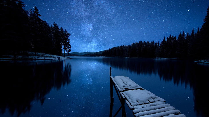 milky way, night sky, starry night, lake, pier, nature, reflection, HD wallpaper