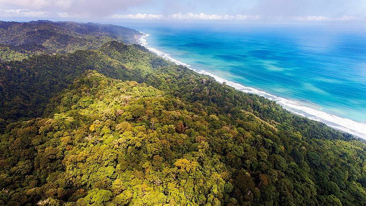Aerial View, beach, clouds, Costa Rica, forest, Hill, Jungles, HD wallpaper