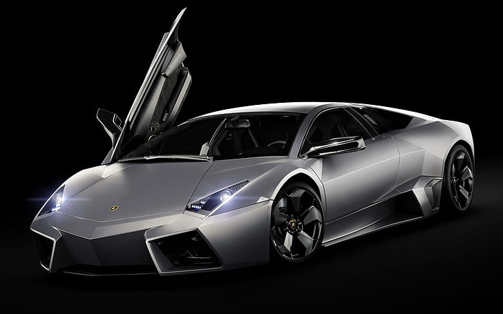 Lamborghini Reventon supercar, front, black background, silver luxury sports car