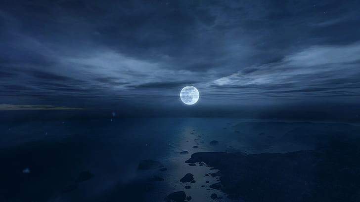 Moon Ocean Night CG Dear Esther HD, body of water under moon photo, HD wallpaper