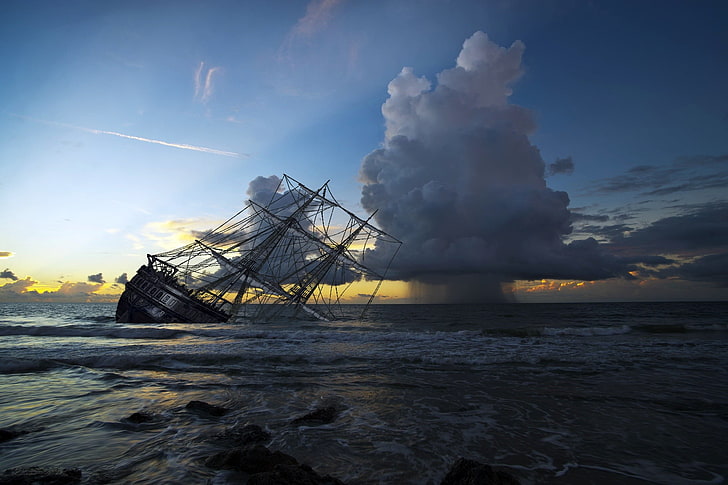 HD wallpaper: sunken ship, sky, horizon, sea, sailing ship, sinking ships,  digital art | Wallpaper Flare