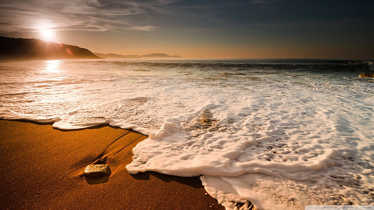 brown stone, nature, landscape, sea, waves, coast, sunrise, morning, HD wallpaper