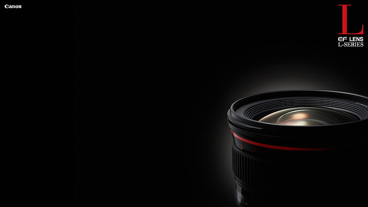 black Canon DSLR camera lens, Nikon, copy space, black background