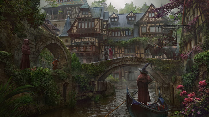 Fantasy, City, Canal, Gondola, Hood, River, HD wallpaper