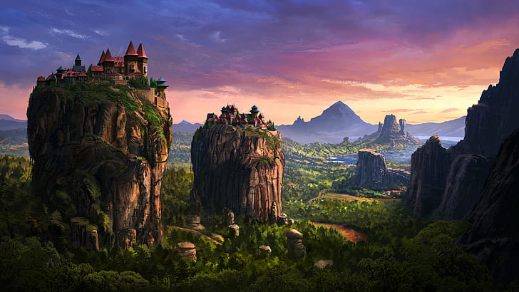 Fantasy, Landscape, Hilltop, Mountain, Town, HD wallpaper