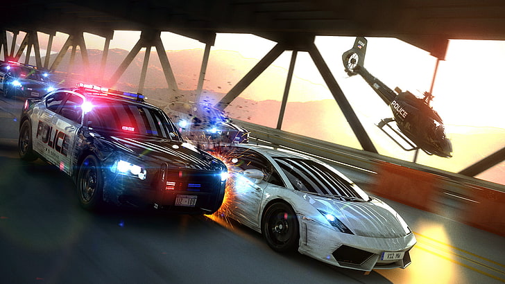Need for Speed digital wallpaper, bridge, police, chase, art