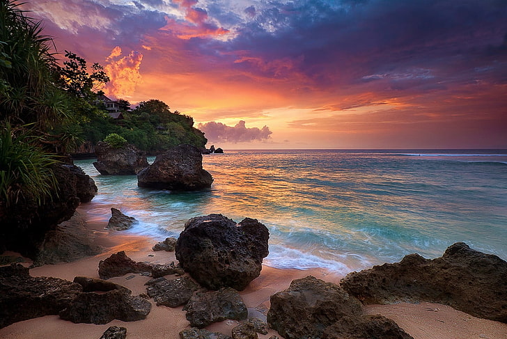 large black rock, Bali, Indonesia, nature, clouds, tropical, sea, HD wallpaper