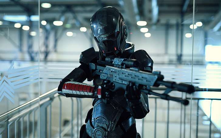 person holding gun movie still screenshot, 500px, cosplay, Mass Effect, HD wallpaper