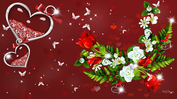 Valentine Roses, red and white roses, stars, romantic, sparkles, HD wallpaper