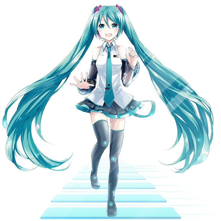 Vocaloid, Hatsune Miku, long hair, twintails, thigh-highs, neckties, HD wallpaper