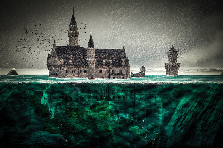 brown and black castle painting, digital art, fantasy art, architecture