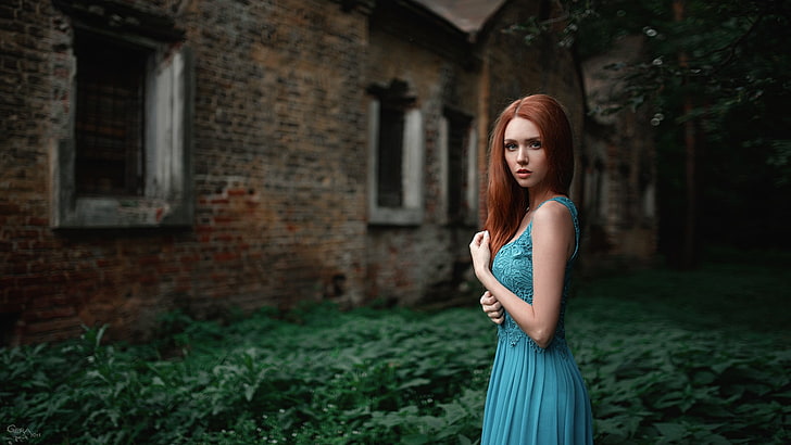 woman wearing blue sleeveless dress, women, Georgy Chernyadyev, HD wallpaper