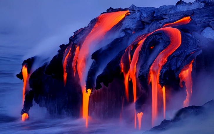 nature, lava, sea, water, smoke, landscape, volcanic eruption