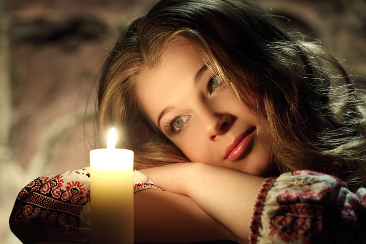 Ukraine, candles, women, model, face, one person, burning, fire