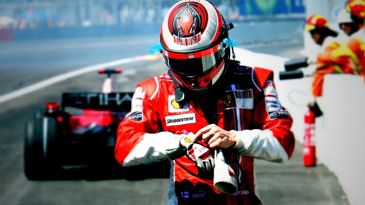 man in F1 car suit and helmet, Formula 1, Scuderia Ferrari, Kimi Raikkonen, HD wallpaper