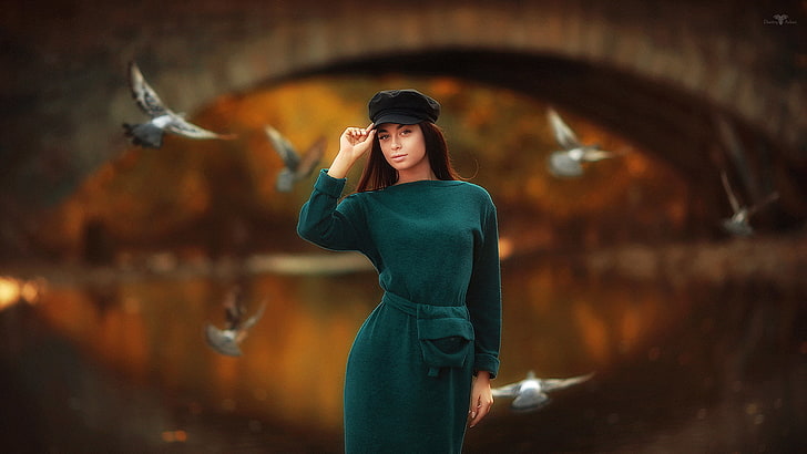 women, Dmitry Arhar, portrait, dress, bridge, birds, green dress