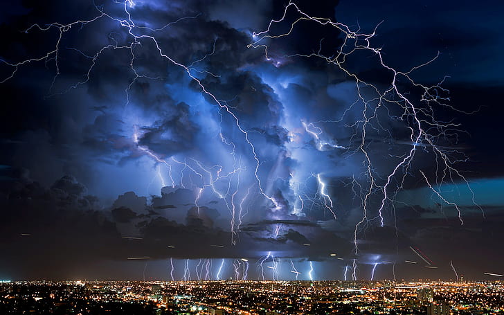 lightning, nature, night, clouds, lights, electricity, cityscape