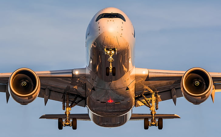 Airbus A350, white airplane, Motors, finnair, sunset, light, aviation, HD wallpaper