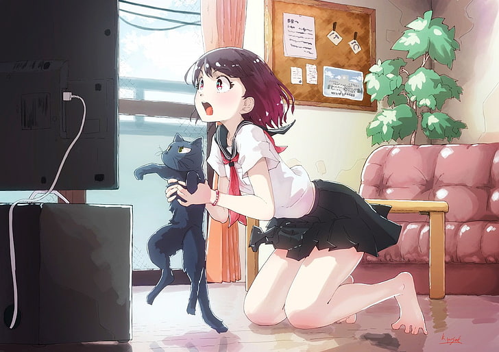 anime girls, cat, school uniform, sitting, chair, one person
