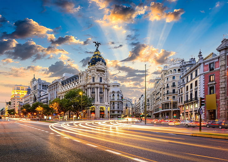 spain, madrid, buildings, architecture, clouds, road, sky, City, HD wallpaper
