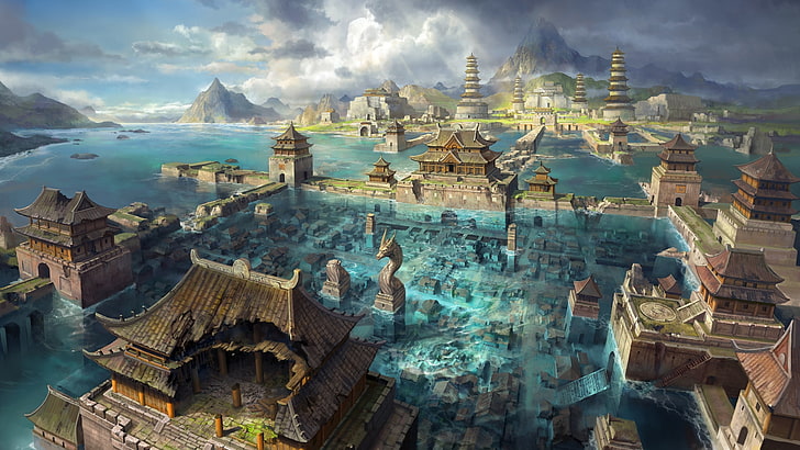 asian city, fantasy world, flood, clouds, artwork, castle, statue