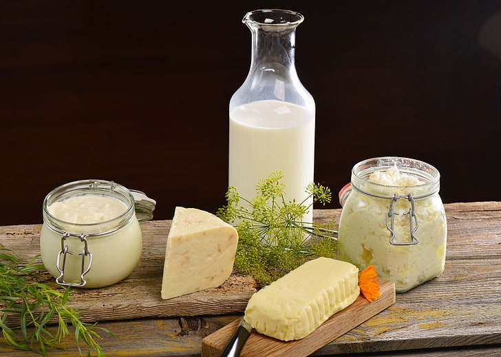food, cheese, milk, glass, container, bottle, food and drink