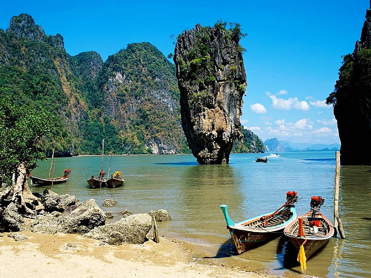 two brown canoes, thailand, beach, tropical, sea, boats, nautical Vessel, HD wallpaper
