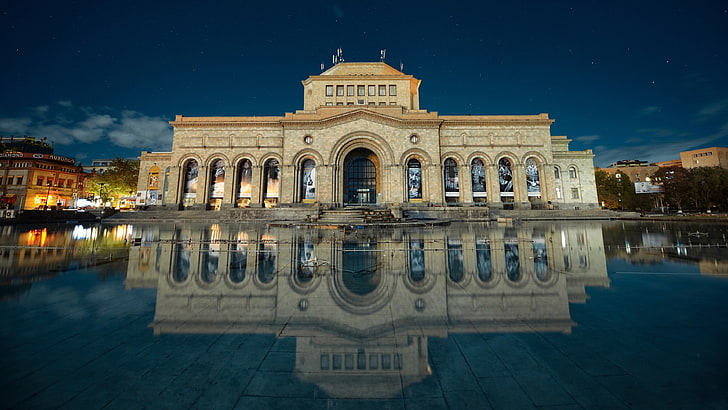 beige concrete house, building, reflection, armenia yerevan, architecture, HD wallpaper