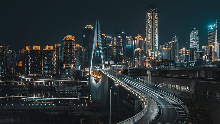 city, lights, China, bridge, night, Asia, Chongqing, HD wallpaper