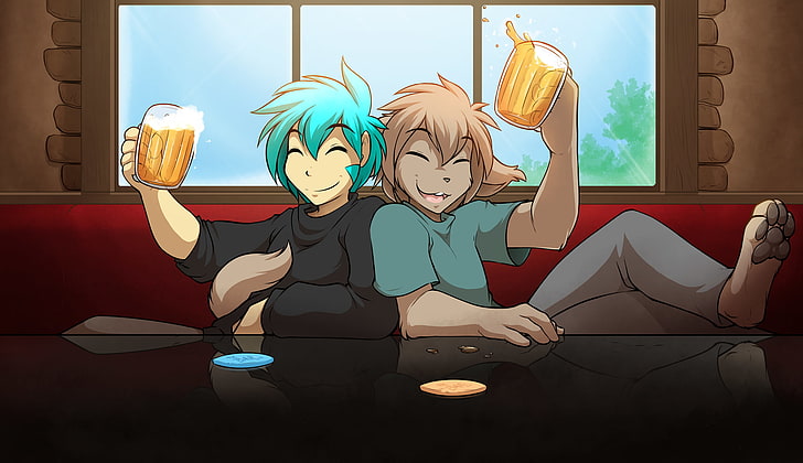 furry, Anthro, Twokinds, beer, front view, sitting, art and craft