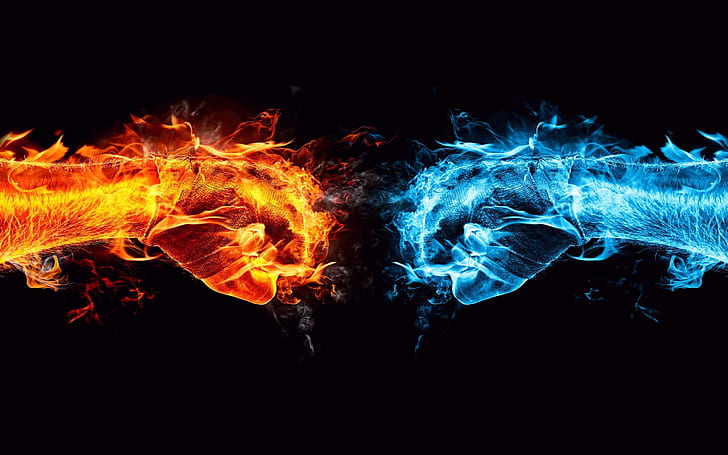 HD wallpaper: Fire and Ice Conflict, blue and yellow flaming fists colored  art | Wallpaper Flare