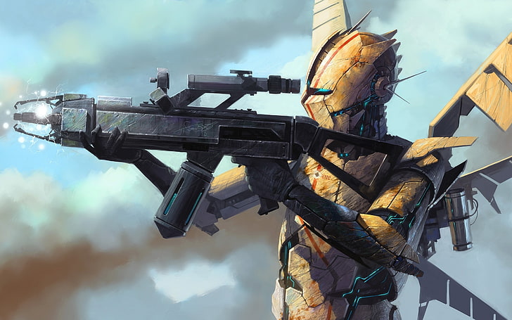 armored soldier wallpaper, artwork, science fiction, robot, weapon