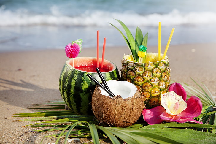 cocktail, watermelon, pineapple, beach, tropical, coconut, drinks