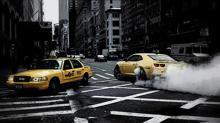 yellow coupe, car, New York City, taxi, street, mode of transportation