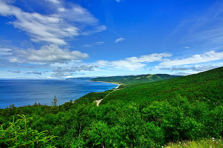 birds eye view mountain and ocean  during day time, Cabot Trail, HD wallpaper