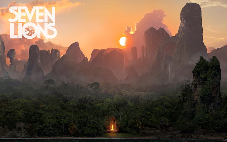 Seven Lions, music, sunset, landscape, forest, mountains