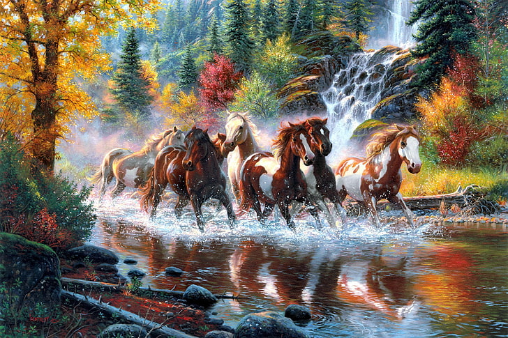 pack of horse on river painting, autumn, forest, trees, waterfall
