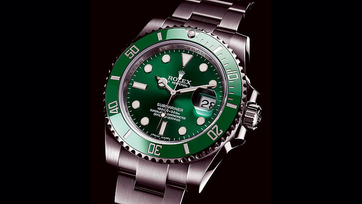 Rolex, Green submariner, Watch, Brand, wristwatch, time, black background