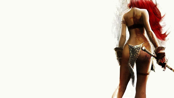 red sonja, white background, studio shot, indoors, copy space