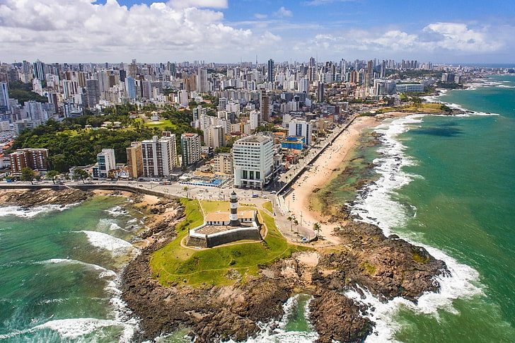 bahia, brasil, ciudad, edificios, mar, salvador, HD wallpaper