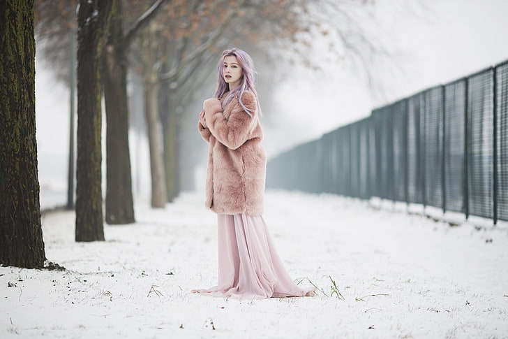 winter, women, looking at viewer, alone, pink hair, blonde