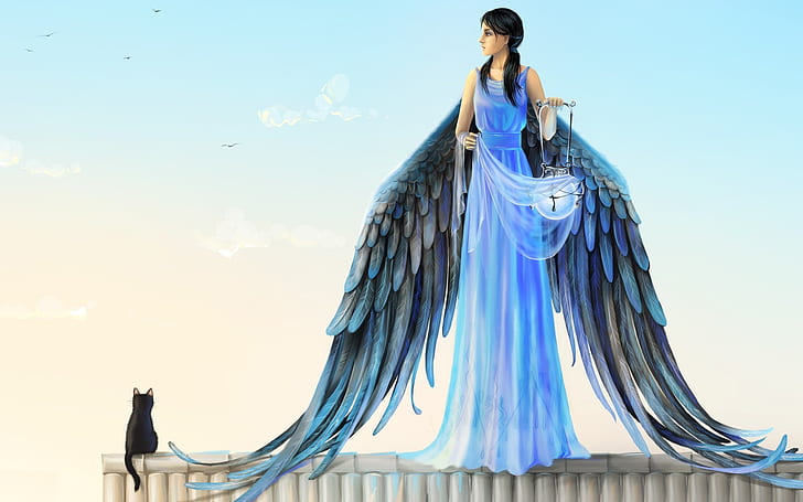 HD wallpaper: Blue dress angel, wings, lantern, cat, Joya Filomena art  design | Wallpaper Flare