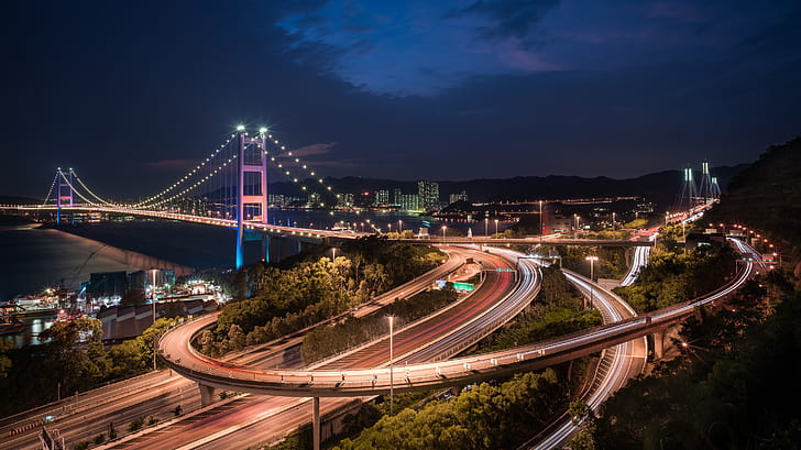 bridge, China, road, Hong Kong, night city, Tsing Ma Bridge, HD wallpaper
