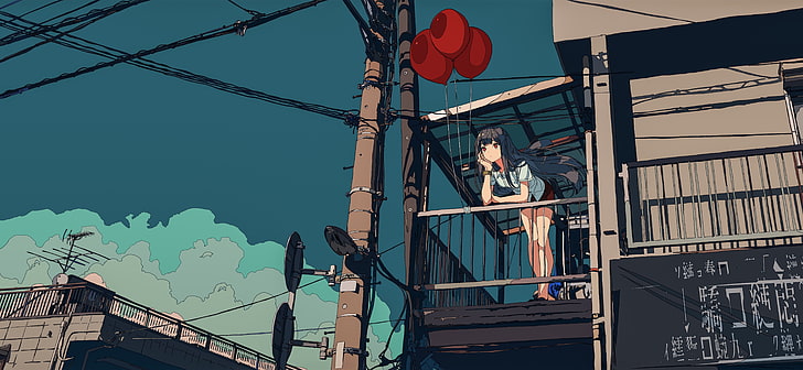 black-haired female anime character, anime girls, balloon, women HD wallpaper