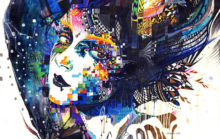 artwork, Colorful, face, Minjae Lee, mosaic, painting, Surreal