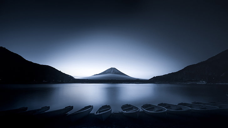 mountains, landscape, boat, water, nature, lake, Mount Fuji