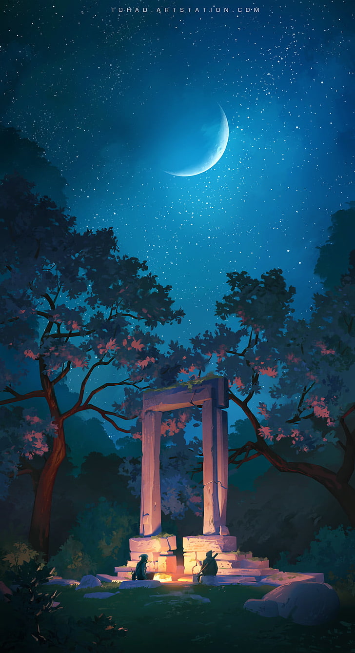 Hd Wallpaper Anime Wallpaper Campfire Stone Trees Moon