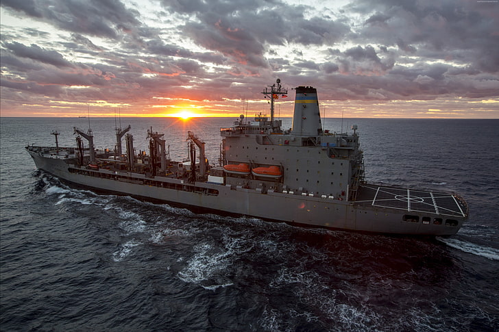 sunset, atlantic ocean, Military Sealift Command, U.S. Navy, HD wallpaper