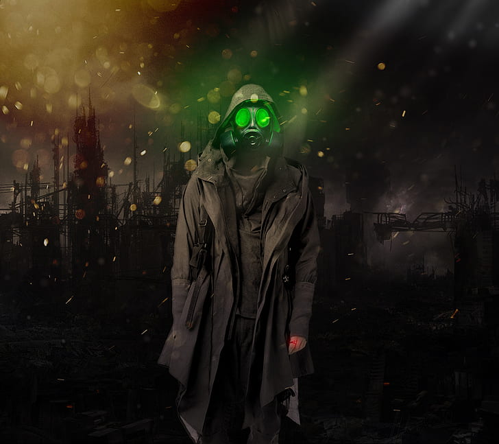 apocalyptic, gas masks, front view, one person, night, waist up